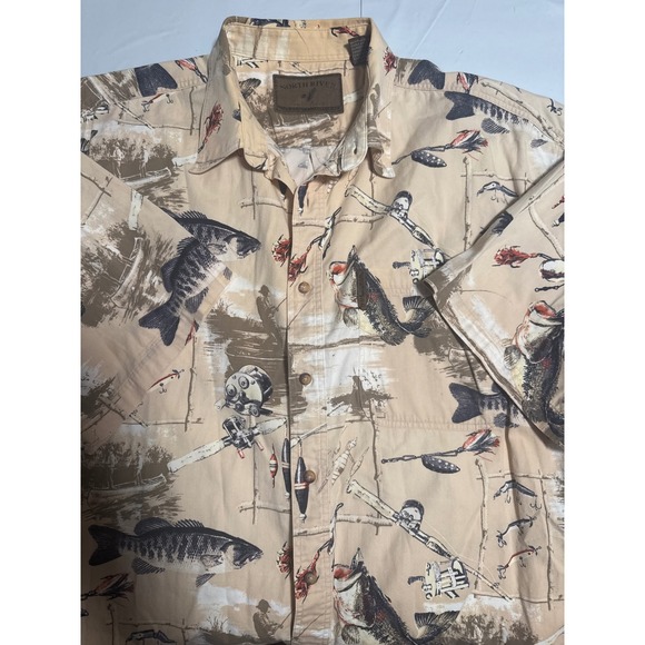 North River Outfitters Fishing Print Button Up Shirt XL Beige Cotton - Picture 1 of 3
